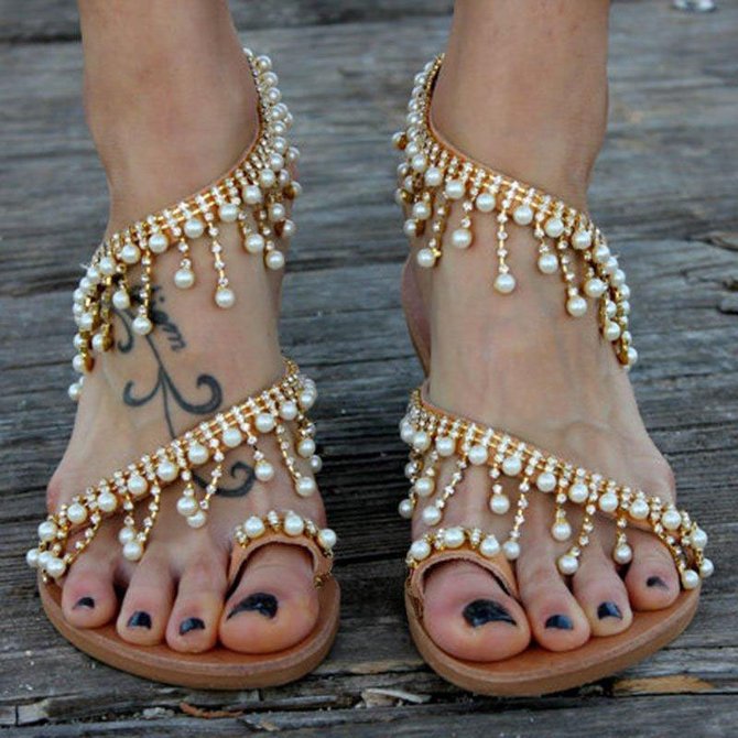 Sandalia de Talla Grande con Perlas De Imitacion Casual de Mujer
