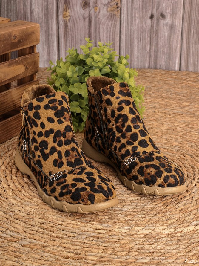 Botas Casual Leopardo Estampado Con Paneles Cremallera Tobillo