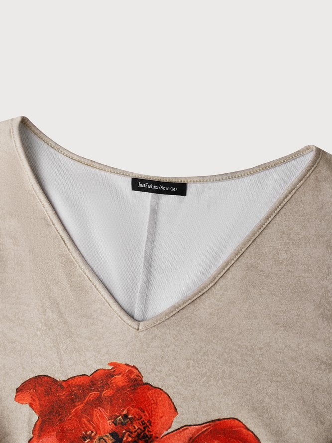 Casual Floral Diseño Flojo Cuello Pico Tejer Manga Larga Camiseta