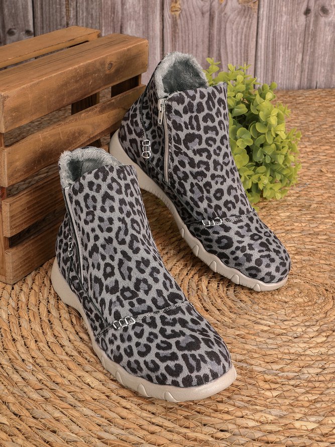 Botas Casual Leopardo Estampado Con Paneles Cremallera Tobillo