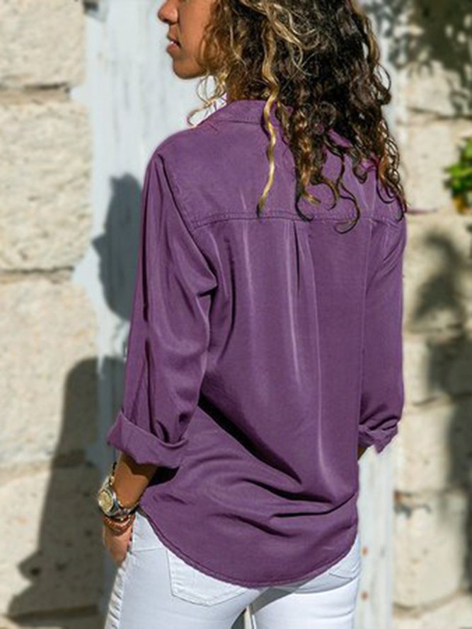 Blusa de Moda con Cuello de Solapa de Color Puro  con Cuello Pico de Manga Larga para Mujeres