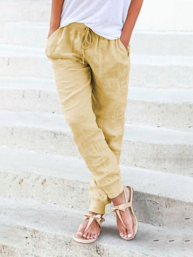 Pantalones para Mujeres de Color Puro con Cordón Ajustable Casuales de Lino