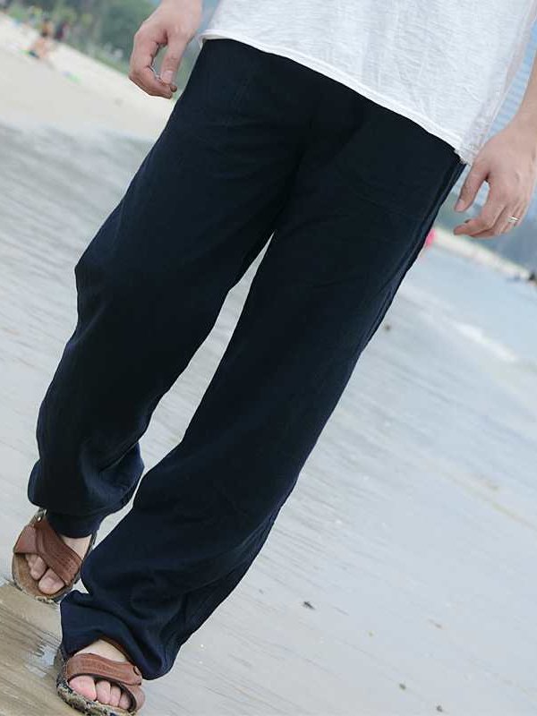 Pantalones Flojos de Algodón de Color Puro con Cordón Ajustable