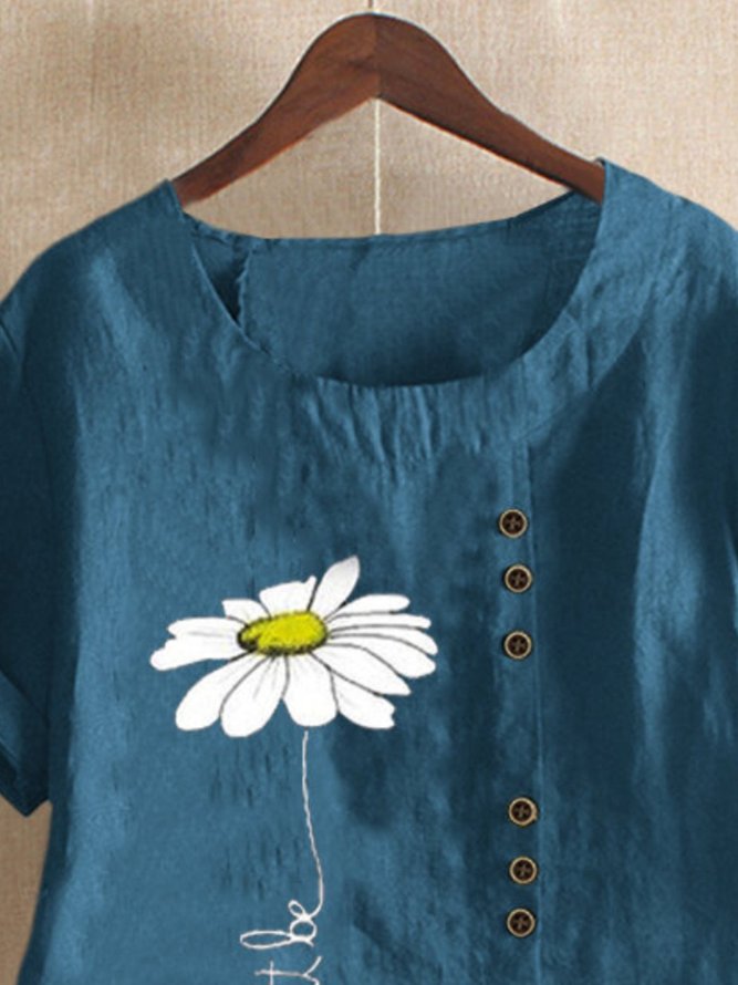 Camisetas Azul Manga Corta Recto Estampado Florales