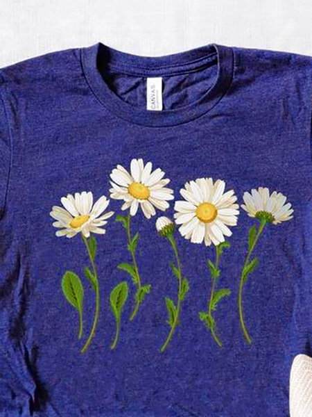 Camisetas Azul Recto Florales Escote Redondo