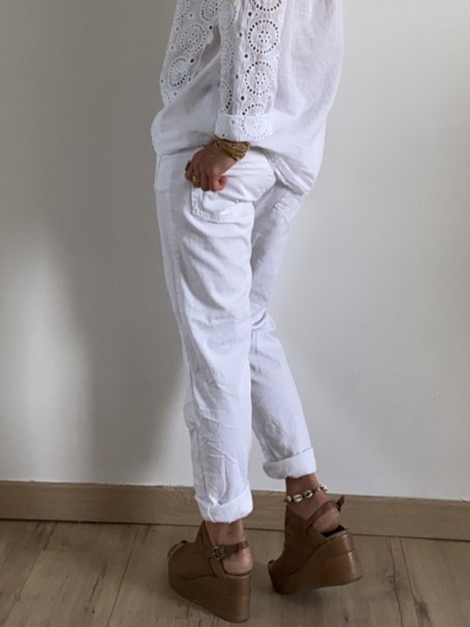 Pantalón De Mujer Blanco Color Puro Botón