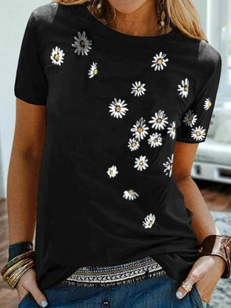 Camisetas Algodón Floral Estampado Retro