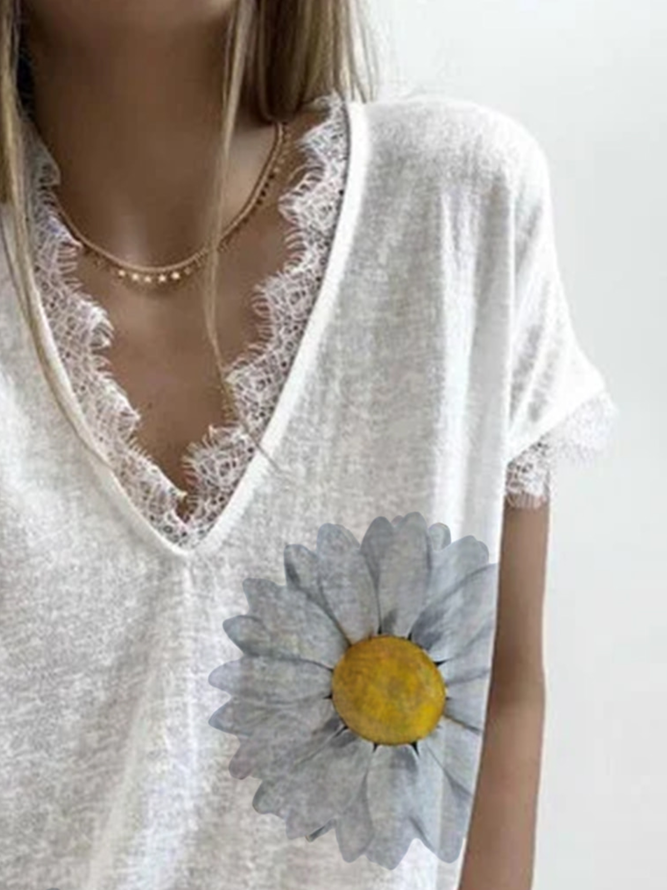 Camisetas Blanco Cuello Pico Con Paneles Florales