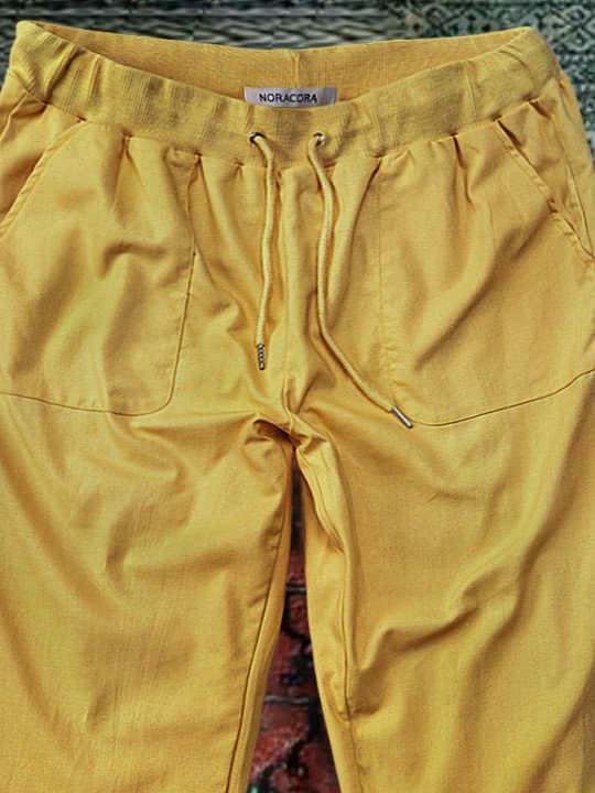 Pantalones para Mujeres de Color Puro con Cordón Ajustable Casuales de Lino