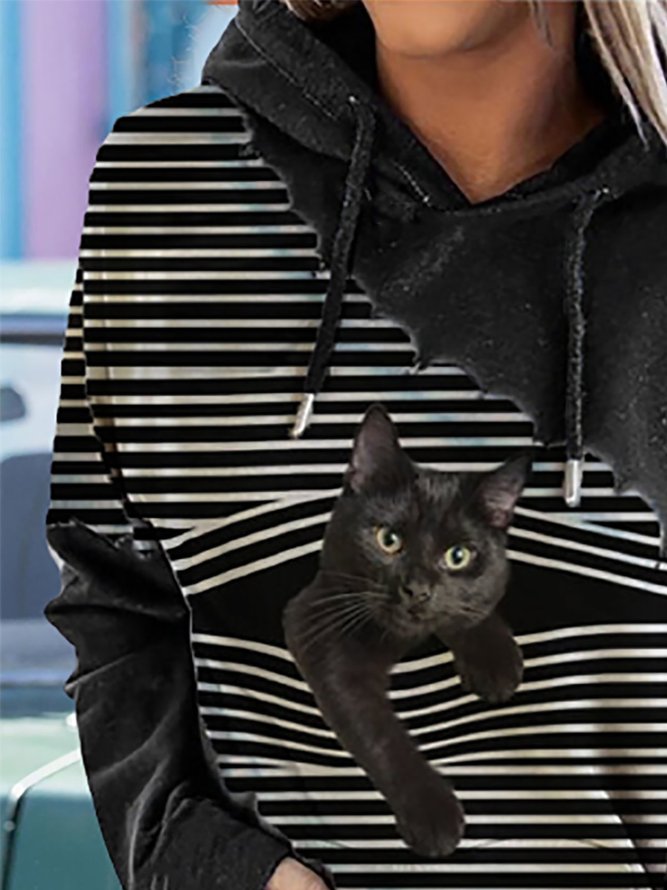 Sudadera Con Capucha Negro Gato Estampado Con Remiendo Rayas Manga Larga