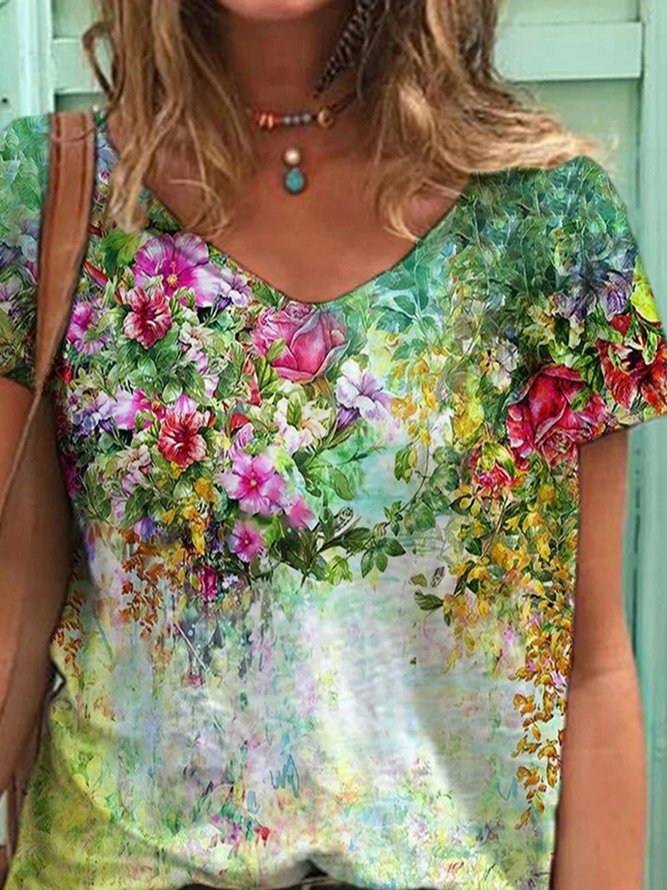 Camisa Manga Corta Colorido Flor Pintura