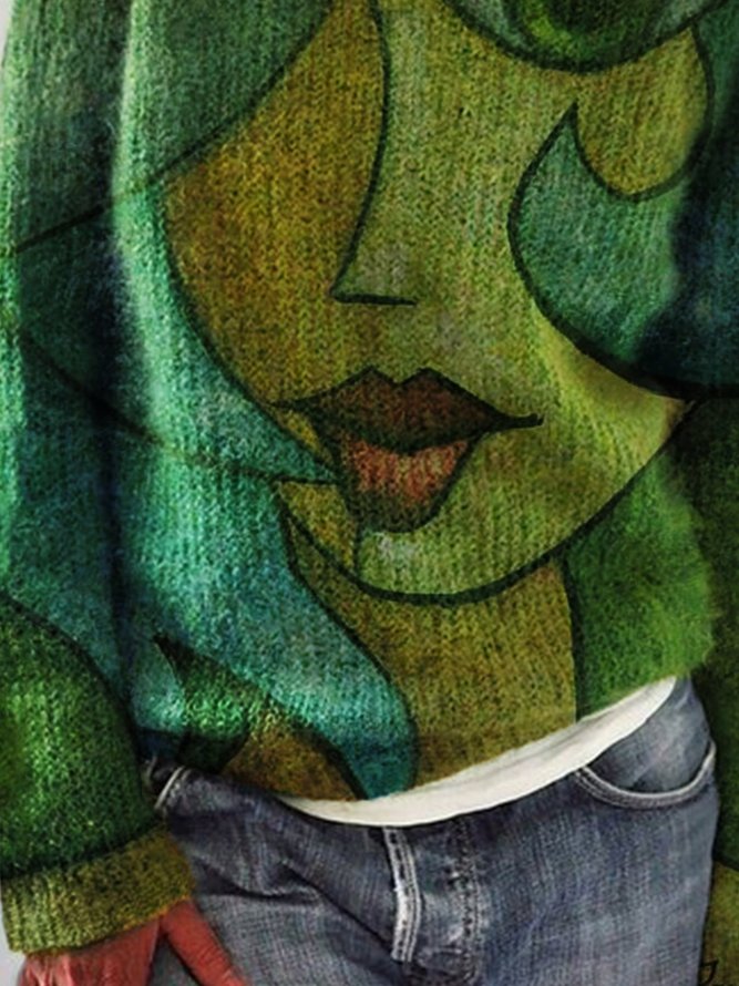 Suéter Casual Abstracto De Algodón De Manga Larga Con Escote Redondo