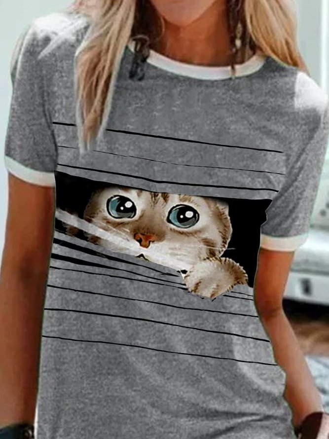 Camiseta Diario Casual De Manga Corta Estampado De Gato