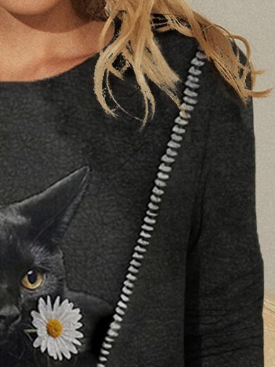 Gato Flor Estampado Cuello Redondo Manga Larga Casual Camiseta