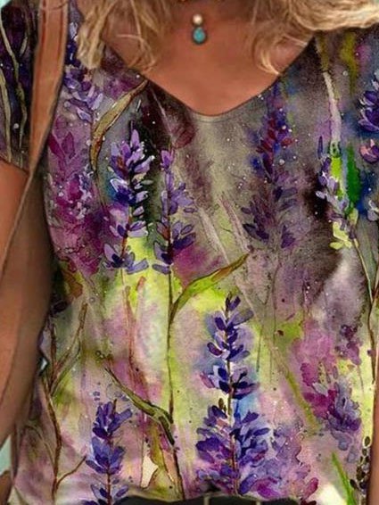 Cuello Pico Estampado Floral Manga Corta Casual Camisa