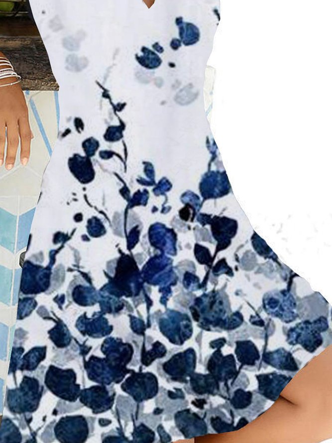 Vestido Floral Manga Corta Estampado Algodón Mezclado Cuello Pico Retro Verano Azul