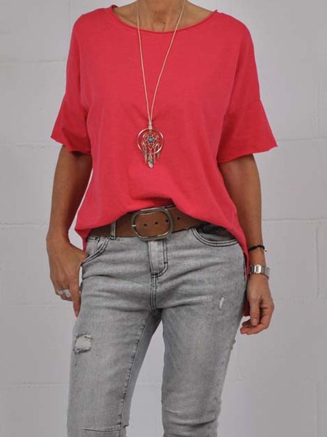 Camiseta Casual Color Puro Algodón Mezclado Cuello Redondo