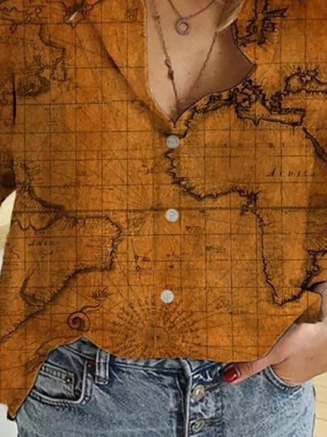 Blusa Retro Mapa De La Pintura Del Mundo Estampado