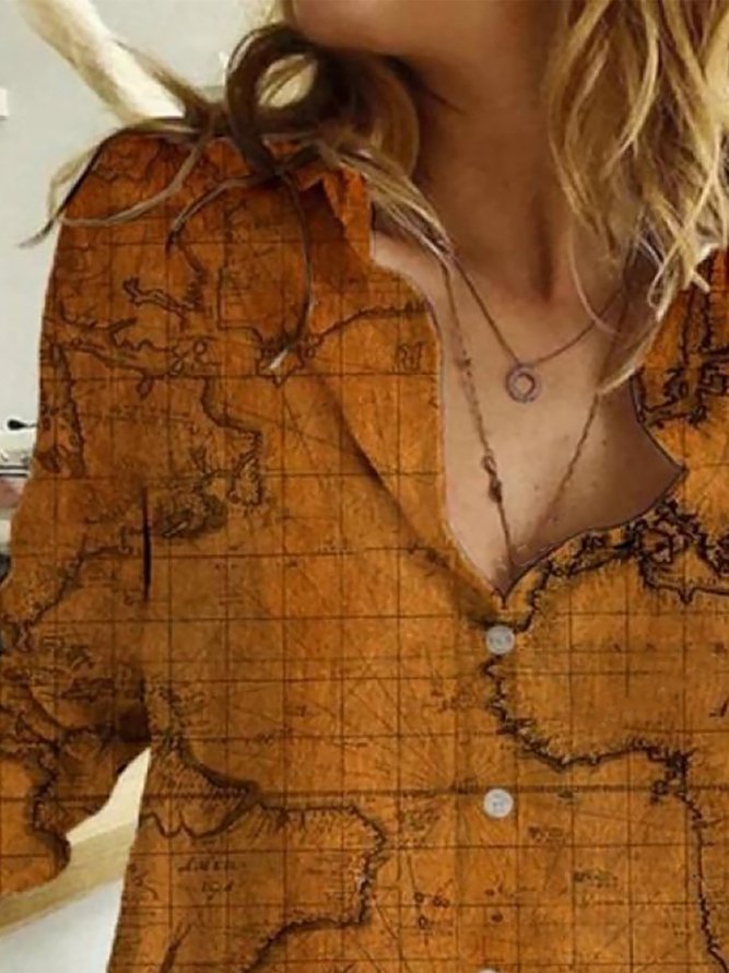 Blusa Retro Mapa De La Pintura Del Mundo Estampado