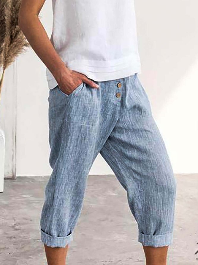 Pantalones Cosechados Casual De Color Puro Algodón Mezclado Lino