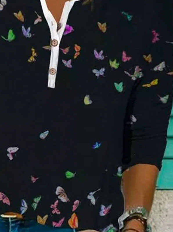 Cuello Redondo Mariposa Estampado Flojo Manga Larga Camiseta
