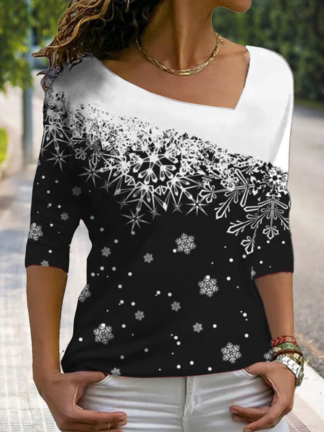 Manga Larga Alto Elástico Navidad Básico Geométrico Gradiente Top Camiseta Mujeres