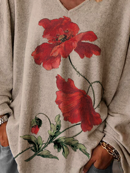 Casual Floral Diseño Flojo Cuello Pico Tejer Manga Larga Camiseta