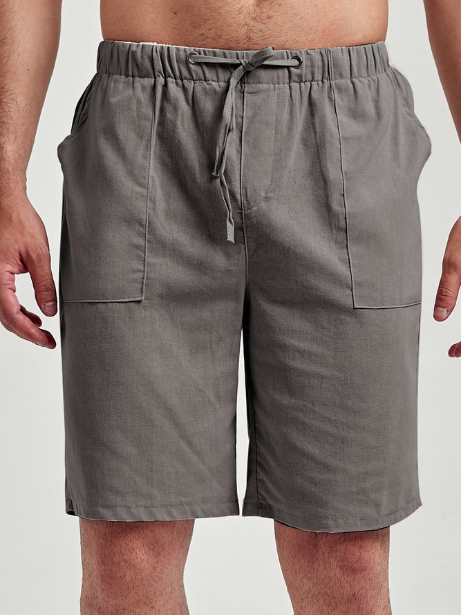 Pantalones Cortos Casuales de Color Puro con Cordón Ajustable de Lino
