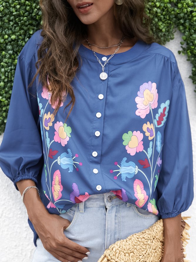 Camisas Camisero Azul Bohémico Floral Recto