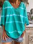 Camiseta Verde Cuello Pico Algodón Casual Ombre/Tie-Dye